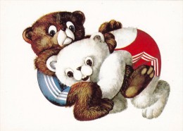 Vintage Bulgarian Art Postcard - Little Bears Wrestling - Lutte