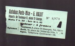 (toulouse Haute Garonne) Ticket AUTOBUS PARIS-NICE  Valeur 4fr (PPP3810) - Europe