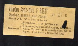 (toulouse Haute Garonne) Ticket AUTOBUS PARIS-NICE  Valeur 3fr (PPP3811) - Europe