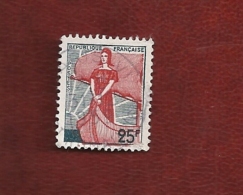 N° 1216 Marianne à La Nef   25 Frs ( Drapeau Rouge  à L'horizon) Variété France  1959 - Non Classés
