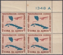 1957-270 CUBA. REPUBLICA. 1957. Ed.721. 30 ANIV PRIMER VUELO A KEY WEST. LIGERAS MANCHAS BLOCK 4. PLATE NUMBER. - Ungebraucht