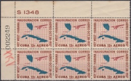 1957-271 CUBA. REPUBLICA. 1957. Ed.721. 30 ANIV PRIMER VUELO A KEY WEST. LIGERAS MANCHAS BLOCK 4. PLATE NUMBER - Neufs