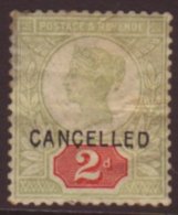 1887 Jubilee 2d Grey-green And Carmine Overprinted "CANCELLED", SG Spec K30t, Mint. Faults Including Faded Colour... - Andere & Zonder Classificatie
