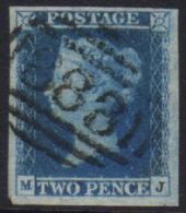 1841 2d Blue 'MJ' Plate 4 On Thin Paper, SG Spec ES14q, Very Fine Used With 4 Good To Very Large Margins. Pretty.... - Andere & Zonder Classificatie