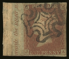 1841 1d Red-brown 'J A' Plate 24, With Sheet Margin At Left Showing "(to)wards The RIGHT HA(ND)" Inscription,... - Altri & Non Classificati