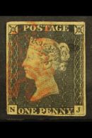 1840 1d Penny Black, SG 2, "N-J" Check Letters, 3 Margins & Tiny Closed Tear At Top, Red Maltese Cross Cancel... - Non Classificati