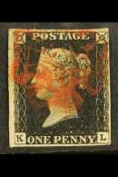 1840 1d Black 'KL' (guideline Below "K"), Plate 4, SG 2, Fine Used With 4 Small / Large Margins & Bright Red... - Non Classés