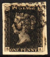 1840 1d Black 'SA' Plate 7, SG 2, Used With 3 Margins (just Touches At Base Left) Tied To Piece By Black MC Pmk... - Unclassified