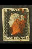 1840 1d Black 'GA' Plate 6, SG 2, Used With 4 Margins Into At Top Right Corner, Indistinct Red MC Pmk Leaves... - Unclassified