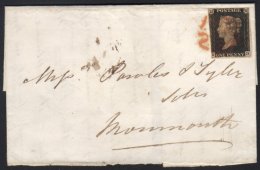 1840 1d Black Plate 1b, Lettered "AD", Three Margins, Tied By A Red Maltese Cross To An Entire To Monmouth. For... - Non Classés