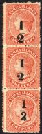 1881 ½ On 1d Dull Red, Vertical Strip Of Three From Setting 10, Showing Types 9/9/10, SG 17/18, Mint With... - Turks & Caicos