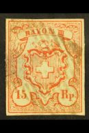 1852 15r Vermilion, Small Figures Of Value (Zum 18, SG 20, Mi 10, Sc 11) Used, 4 Good Even Margins, Heavy... - Other & Unclassified