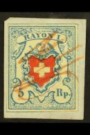 1851 5r Red And Pale Blue, Central Cross With Blue Frame (Zum 17 I, SG 12a, Mi 9 I, Sc 9), On Piece Tied By Red... - Other & Unclassified