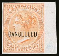 1863 1s Yellow De La Rue (SG 68) IMPERFORATE PROOF OPT'D "CANCELLED" On White Card With 4 Good Margins (selvage At... - Maurice (...-1967)