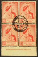 1948 £1 Scarlet Royal Silver Wedding, SG 158, Marginal Imprint BLOCK OF FOUR With Fine Central Cds Cancel.... - Vide