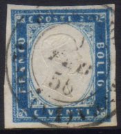 SARDINIA 1855 20c Cobalto Latteo Vivace, Sassone 15d, Very Fine Used With Four Large Margins, Signed & Shade... - Non Classés