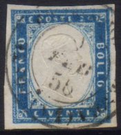 SARDINIA 1855 20c Cobalto Latteo Vivace, Sassone 15d, Very Fine Used With Four Large Margins, Signed & Shade... - Ohne Zuordnung