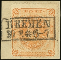 BREMEN 1866 2Gr Yellow Orange, Perf 13, Mi 10a Superb Used On Piece With Bremen 30.8.6 Cancel. For More Images,... - Andere & Zonder Classificatie