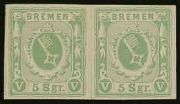 BREMEN 1859 5Sgr Yellow Green, Imperf, Mi 4a, Superb Mint Pair. Till Neumann Cert. For More Images, Please Visit... - Autres & Non Classés