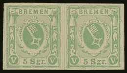 BREMEN 1859 5Sgr Yellow Green, Imperf, Mi 4a, Superb Mint Pair. Till Neumann Cert. For More Images, Please Visit... - Altri & Non Classificati