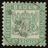 BADEN 1862 18kr Bright Green, Perf 10, Mi 21a, Very Fine Used With Neat Cds Cancel. For More Images, Please Visit... - Andere & Zonder Classificatie