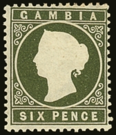 1886-93 6d Olive-green With Sloping Label Variety, SG 32da, Very Fine Mint. For More Images, Please Visit... - Gambie (...-1964)