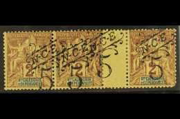 NEW CALEDONIA 1900-01 5 On 2c Brown On Buff, DOUBLE SURCHARGE VARIETY On Gutter Strip Of 3, Yvert 54b, Mint, One... - Sonstige & Ohne Zuordnung