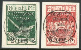 1920 2L On 5c And 5L On 10c "Regency" Ovpts, Sass 144/45, Each On Tied On Piece By Superb Posta Militare Cds... - Fiume