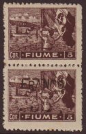 1919 "55" On 5cor Brown "Franco" Overprint White Paper (type C) VERTICAL PAIR, ONE STAMP WITHOUT OVERPRINT... - Fiume