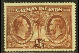 1932 CENTENARY VARIETY ¼d Brown, Centenary, Variety "A" Of "CA" Missing From Watermark",  SG 84a, Clearly... - Kaimaninseln