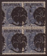 1942 3½a Deep Blue "Myaungmya" Peacock Overprint, SG J2 , An Impressive NHM Marginal Block Of Four, Showing... - Burma (...-1947)