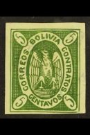 1867-68 1867-68 5c Yellow-green Condor Thick Paper (Scott 1e, SG 1), Very Fine Used With Faint Oval "PAZ DE... - Bolivia