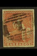 1852 (4d) Brownish Red, SG 5, Very Fine Used With Good Margins All Round And Neat Central Barred "1" Cancel. For... - Barbades (...-1966)