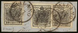 LOMBARDY-VENETIA 1850 10c Black Plus 10c Intense Black (2), Sass 2, 2d, (Netto 2a, 2b), Each Superb Used On Small... - Sonstige & Ohne Zuordnung