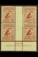 1932 6d Red-brown Kookaburra, SG 146, JOHN ASH Imprint Gutter Block Of Four From Plate 2, BW Spec 150za, Very Fine... - Andere & Zonder Classificatie