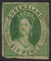 QUEENSLAND 1860 6d Green Imperf, SG 3, Fine Used With 4 Margins Just Into Outer Frame At 1 Corner, Some Light... - Autres & Non Classés