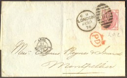 UK - FRANCE - LONDON To MONTPELLIER Via  ANGL. AMB. CALAIS F - 3 Pence  - Cachet 33 - 1874 - Lettres & Documents