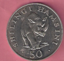 TANZANIA 50 SHILLINGS 1974 SILVER UNC WWF BLACK RHINOCEROS - Tanzanía