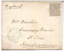 VILLAGARCIA PONTEVEDRA CC A ST IVES INGLATERRA 1883 MAT TREBOL AZULAL DORSO TRANSITO Y LLEGADA - Covers & Documents