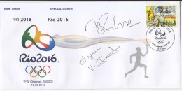 Autograph By V Bhaskaran (Former Field Hockey Captain) & Jayalakshmi Athletics  QR Code Special Cover 2016, Rio Olympi - Summer 2016: Rio De Janeiro