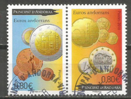 Primeras Monedas De Euro Puestas En Circulación En ANDORRA, Dos Sellos Usados ​​2016,  1 Era Calidad . AND.FR - Oblitérés