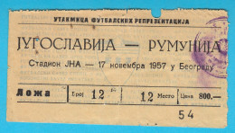 YUGOSLAVIA V ROMANIA - 1958 FIFA WORLD CUP Qualif. Football Match Ticket * Soccer Foot Fussball Calcio Futbol Futebol RR - Tickets D'entrée