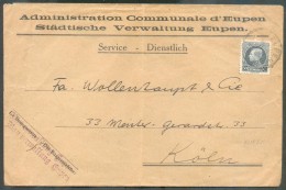 N°211 - 50 Centimes MONTENEZ Obl. Sc EUPEN Sur Lettre En Franchise Simple (Service De L'administration Avec Griffe Du Bo - 1921-1925 Small Montenez