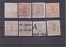 #145      KING CAROL I, REVENUE STAMPS, 8X STAMPS, DIFFERENT COLOURS,  OVERPRINT, USED,  ROMANIA. - Fiscale Zegels