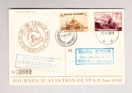 Belgien Luftpost Spa 5.6.1938 Postkarte "Inauguration Aérogare De Spa" Flug Spa Nach Bruxelles - Briefe U. Dokumente