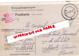 GUERRE 1939-1945- MILITARIA- KRIEGSGEFANGENENPOST-STALAG 652 -MAIRIE ST SAINT LEONARD NOBLAT-JEAN BONNEFOND 1942 - Documenti Storici