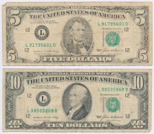 Amerikai Egyesült Államok 1985. 5$ 'Abraham Lincoln' + 10$ 'Hamilton' Zöld Pecséttel... - Non Classés