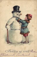 * T3 'Boldog új évet' / Christmas Greeting Postcard, Snowman, Child, Litho (fa) - Unclassified