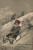 T2/T3 Sledding Children, Unsigned Arthur Heyer Art Postcard, P.F.B. S. 1964. Emb. Litho (EK) - Zonder Classificatie