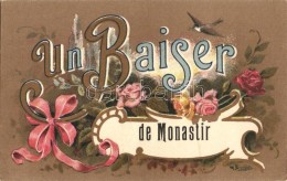 * T2 Bitola, Monastir 'Un Baisier' Floral Litho Greeting Card S: M. Beronneau - Non Classificati